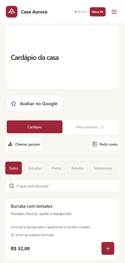 Cardápio EaseBar no celular, com categorias, descrição, preço e botão de adicionar.